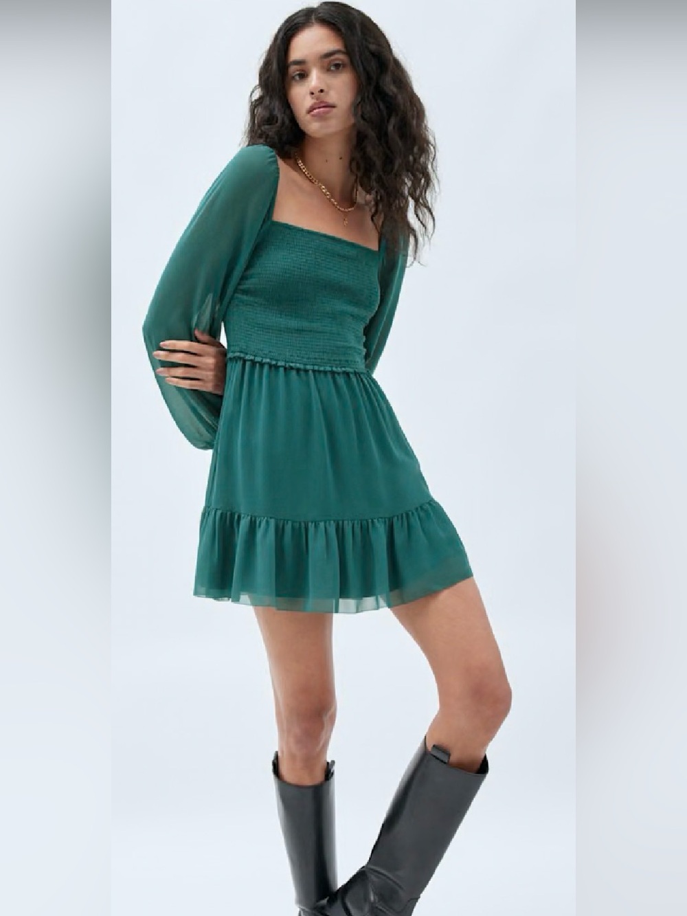 Aritzia Tempest Teal Smocked Square-Neck Mini Dress